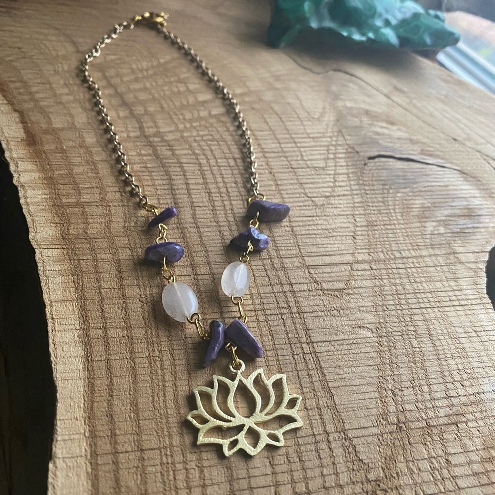 Gold and Purple Lotus Pendant Necklace with Amethyst and Rose Quartz - Picture 8 of 8